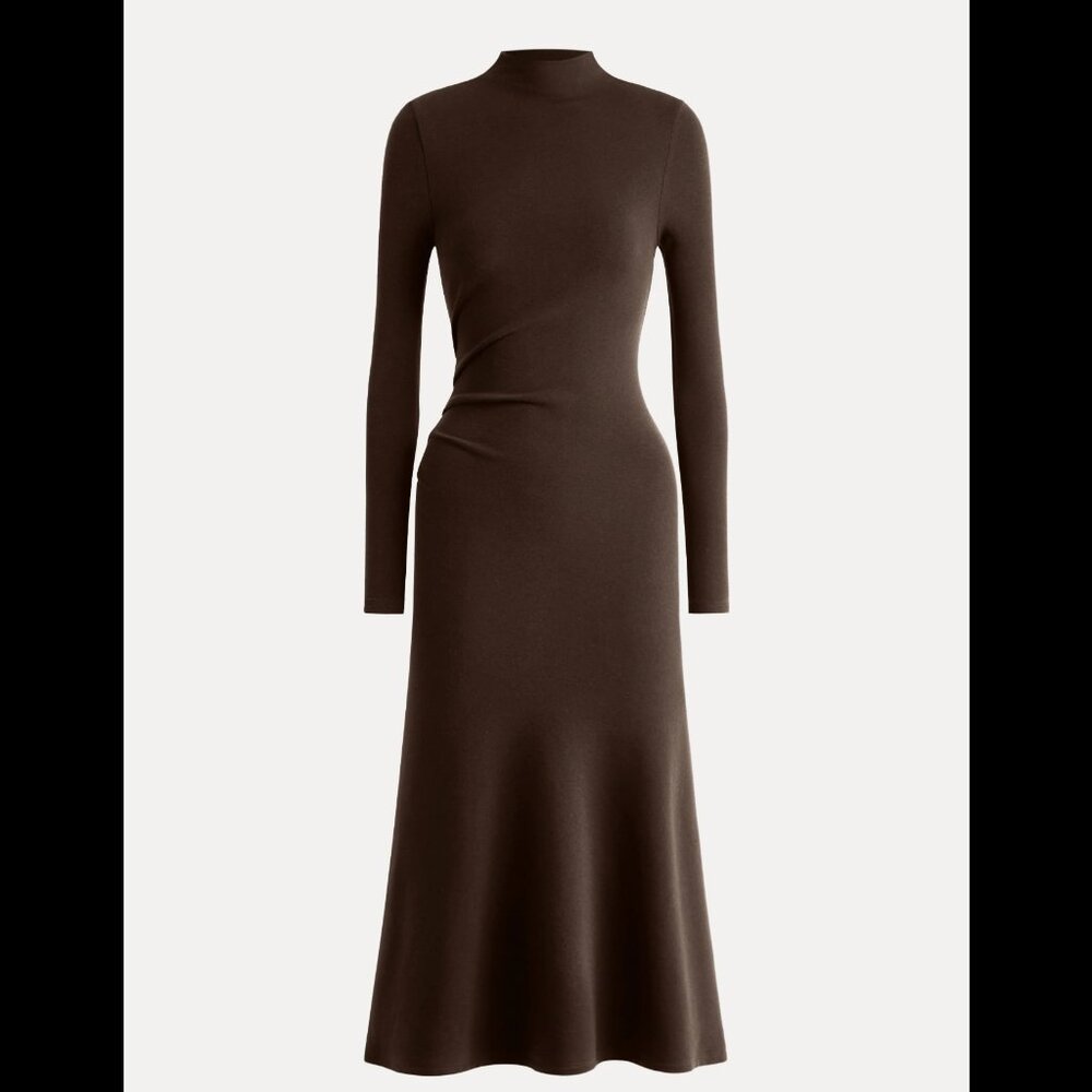 NWT OLG ProWarm Long Sleeves Mockneck Tucks Midi Dress - Regular / Expresso / S